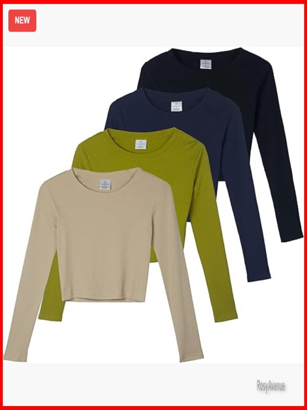 4 Pack Long Sleeve Ribbed Knit Cotton Crew Neck Crop Top Shirt